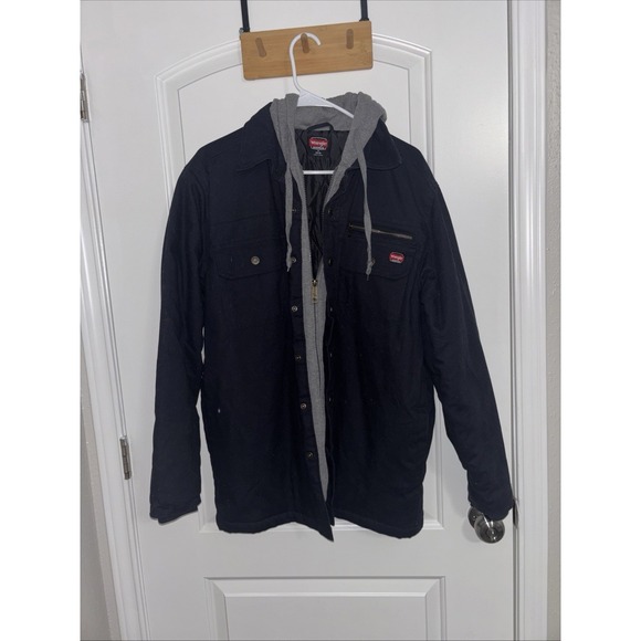Wrangler Other - Wrangler Workwear Jacket Mens Medium Black Hooded Canvas Quilted Lined Shacket